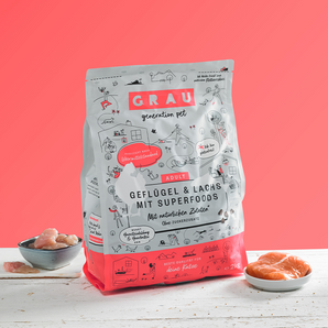 Grau Katze Geflügel & Lachs mit Superfoods