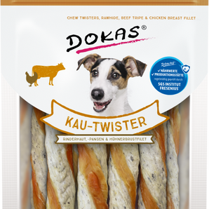 DOKAS Snack Hund Kau-Twister - Rinderhaut, Pansen & Hühnerbrust
