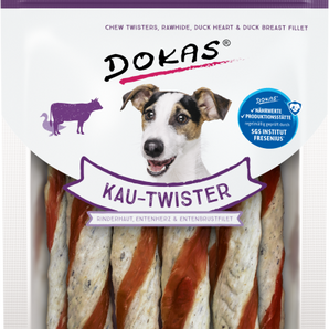 DOKAS Snack Hund Kau-Twister - Rinderhaut, Entenherz und Entenbrust