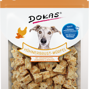 DOKAS Snack Hund Hühnerbrust-Würfel - Süsskartoffel, Leinsamen, Kokosöl