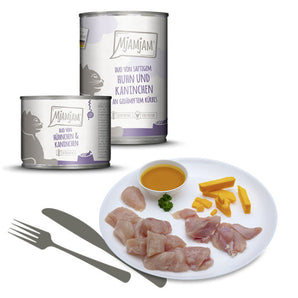 MjAMjAM leckere Mahlzeiten DUO von saftigem Hühnchen & Kaninchen an gedämpftem Kürbis