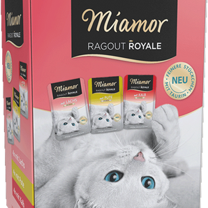 Miamor Ragout Royale Multibox Adult Pute, Lachs, Kalb Jelly/Streunerkatzen. Das gewählte Produkt ist nur für Streunerkatzen Hilfe verfügbar.